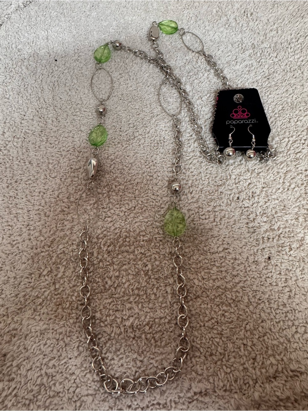 Paparazzi Silver-Tone Necklace & Earrings Set with Lime Green Beads